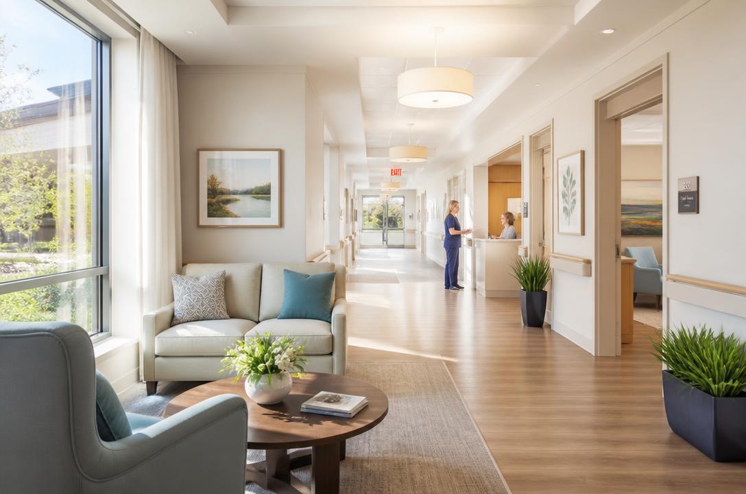 Bright interior of a modern long-term care facility